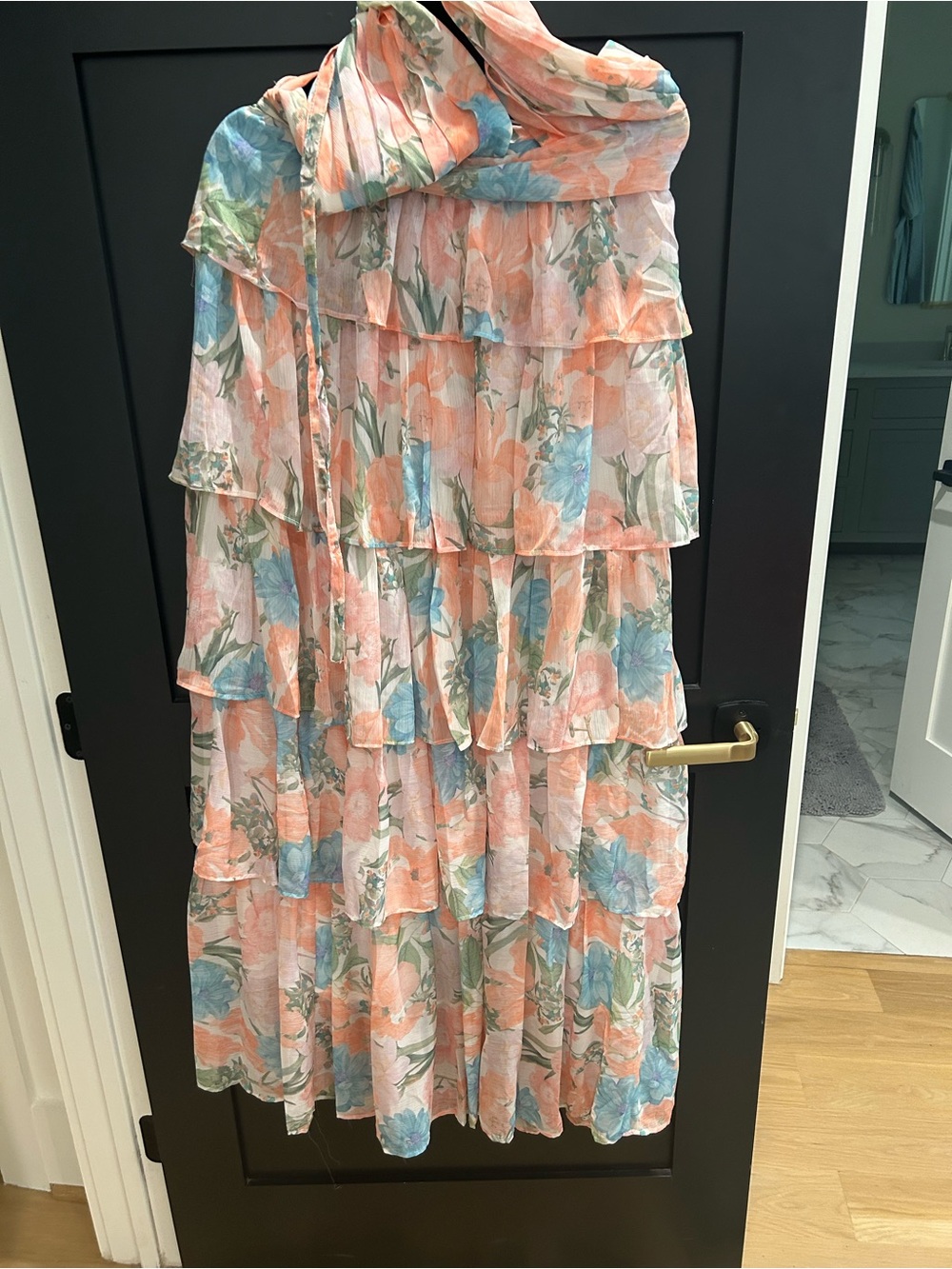 Olivaceous Peach Floral Maxi Dress with Blue & Green Accents